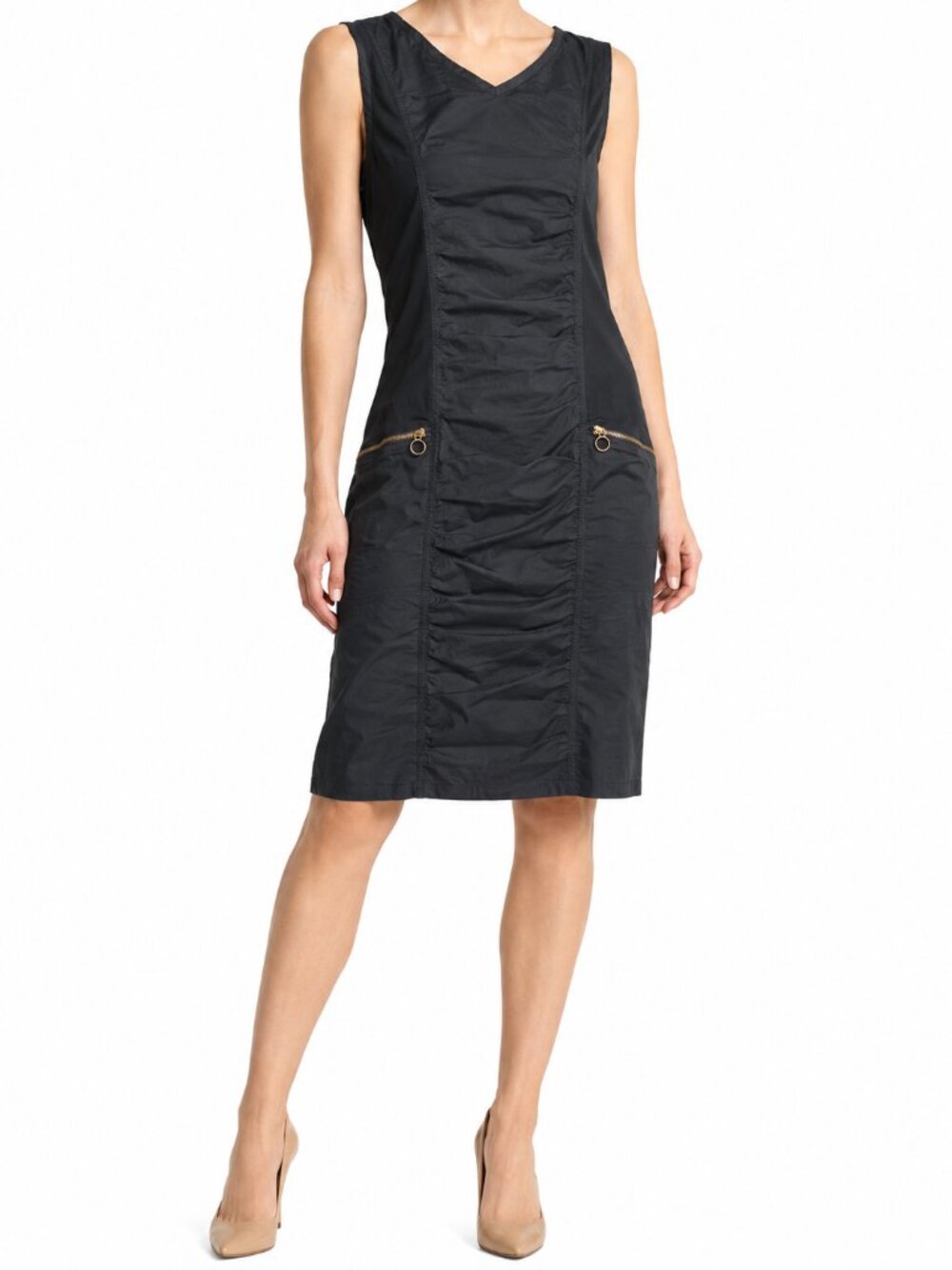 XCVI Banggai Stretch Ruched Poplin Dress Cotton Blend Neutral Black Womens Large